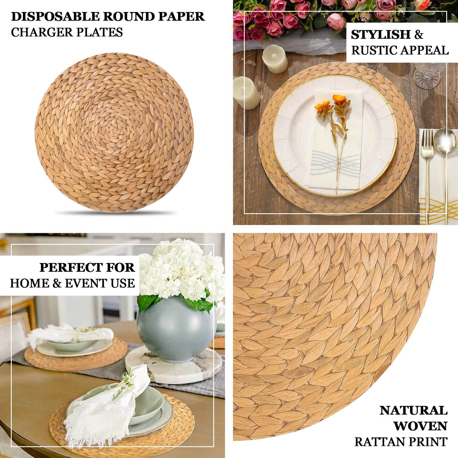 6 Pack Natural Woven Rattan Print Cardstock Paper Placemats, 13