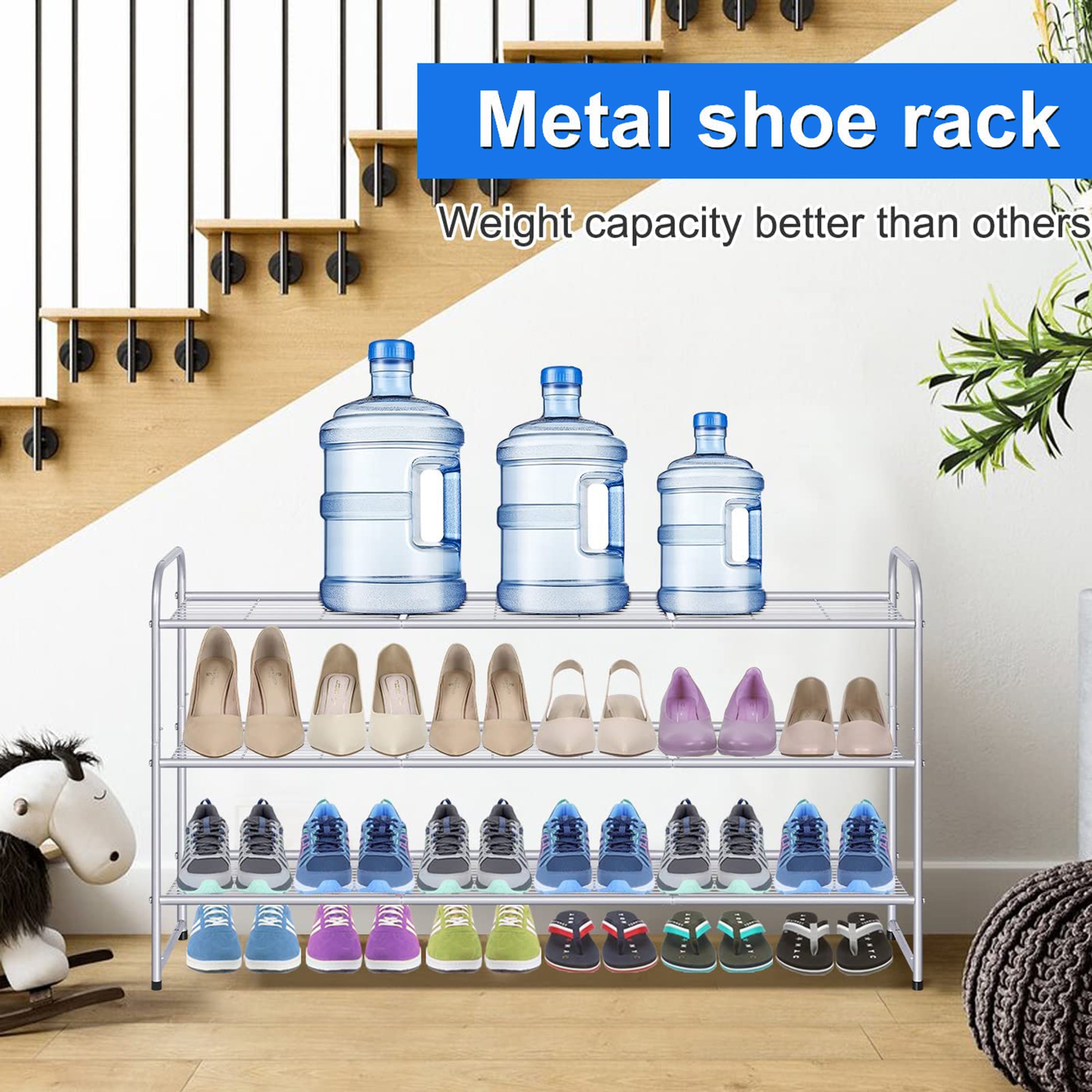 MISSLO 3 Tier Metal Long Shoe Rack Wide Shoe Shelf with Wire Grid for Closet Entryway Storage 24 Pairs Men Sneaker Organizer， Grey