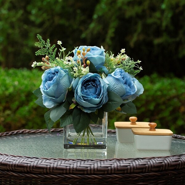 Mixed Peony Artificial Flowers in Vase with Faux Water，Silk Flower Arrangements in Vase for Home Decor，Wedding Table