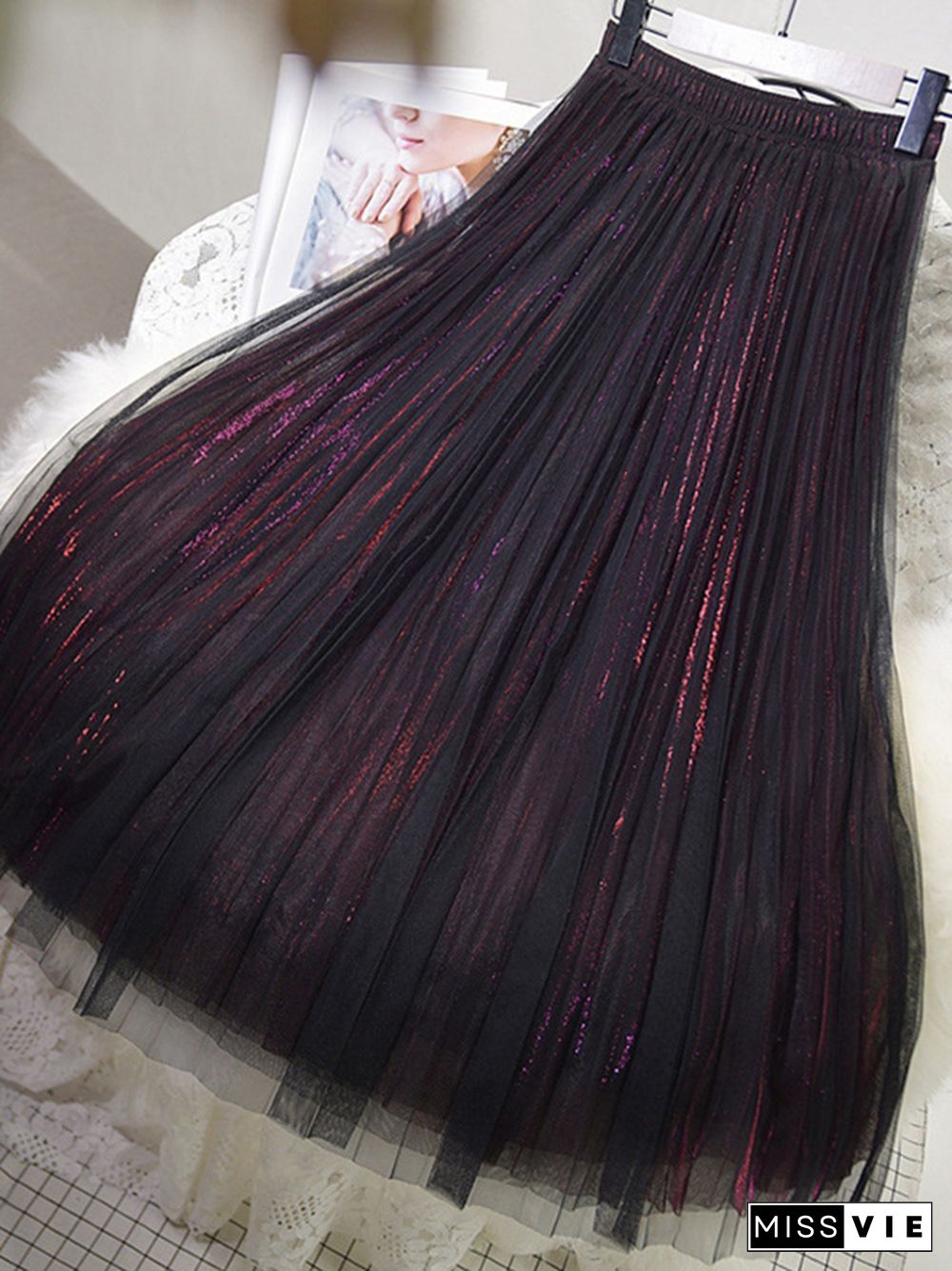 Urban A-Line Elastic Waist Mesh Pleated Skirts