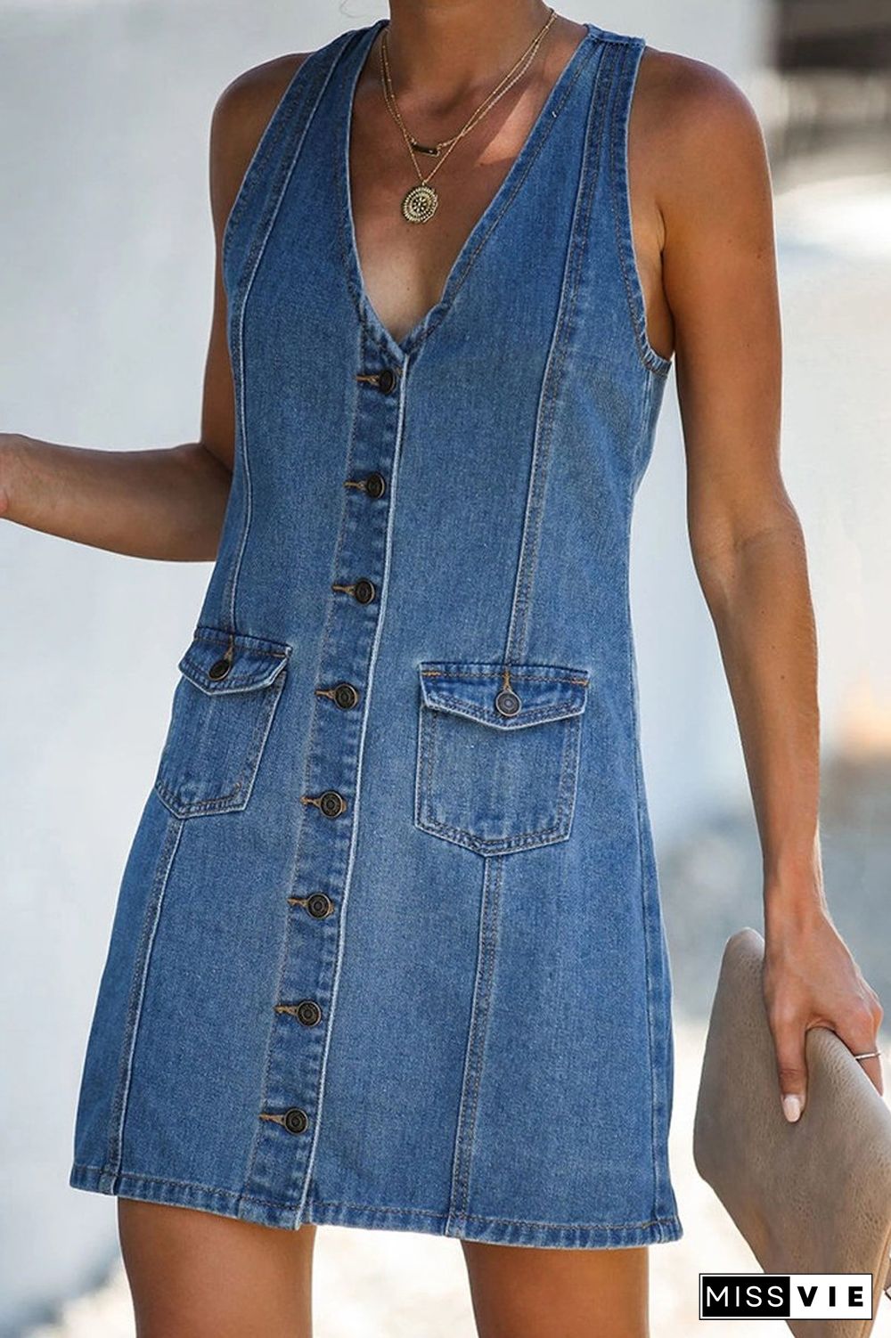 Denim Single-Breasted Sleeveless Dress