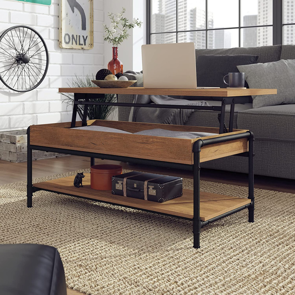 Industrial Coffee Table  Pipe Style Metal Frame  ampLift Up Top  Black/Checked Oak   Industrial   Coffee Tables   by Decor Love  Houzz