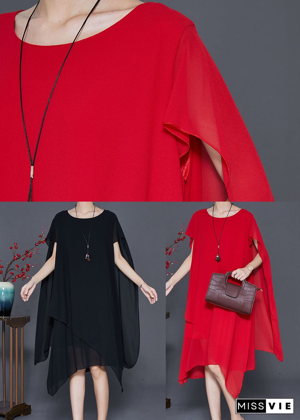 Red Chiffon Long Dress Asymmetrical Draping Cloak Sleeves