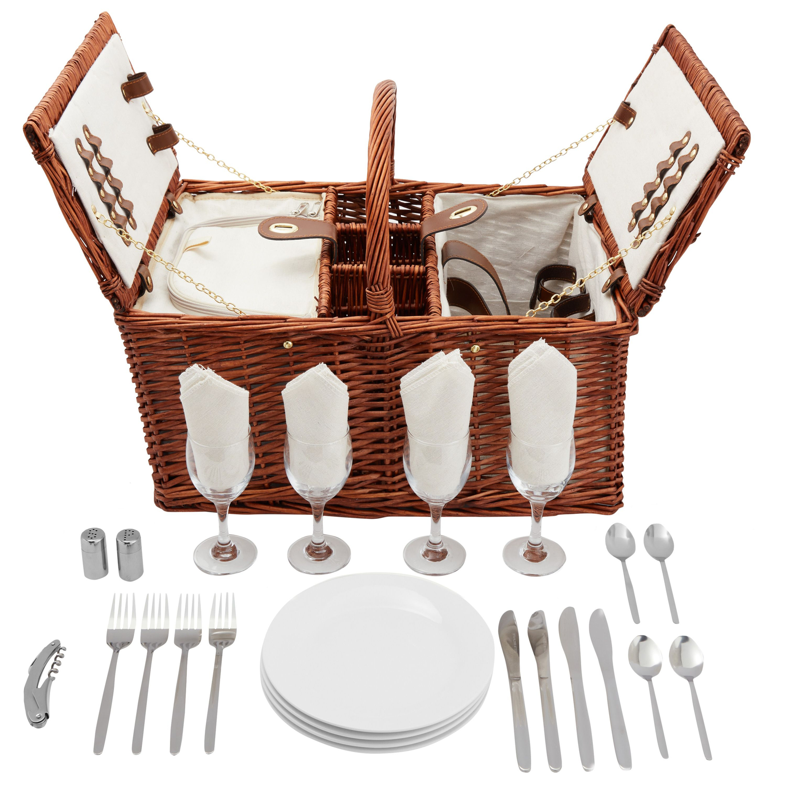 4 Person Wicker Picnic Basket Set with Utensils， Glasses， and Insulated Cooler Bag， Camping Essentials Outdoor Tableware for Family Gatherings