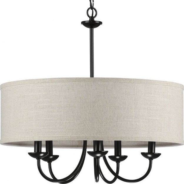 Progress Lighting Drum Shade Collection 5 light Pendant Black Finish Harvest Linen Shade