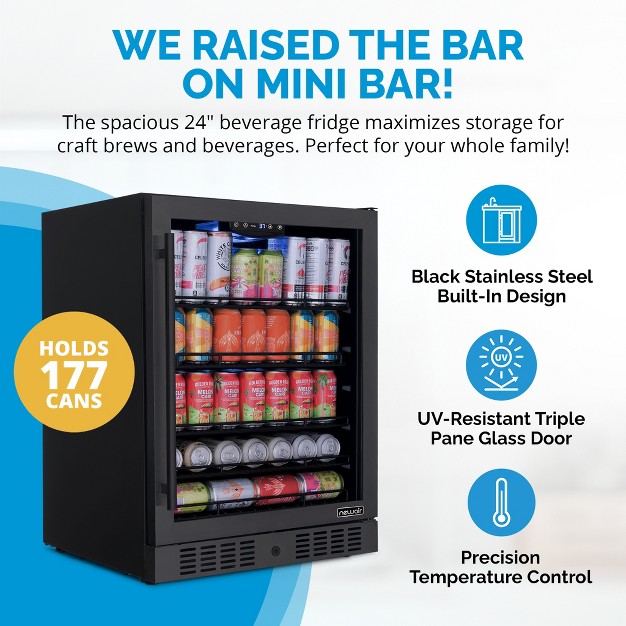 Beverage Refrigerator Cooler 177 Can Black Stainless Steel Glass Door Fridge Built in Counter Or Freestanding Bar Drinks Refrigerator