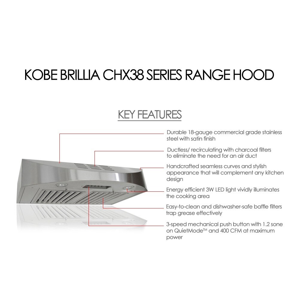 KOBE CHX3830SQBD 3 Brillia 30 inch Under Cabinet Range Hood  with 3 speed  400 CFM  LED Lights  and Baffle Filters