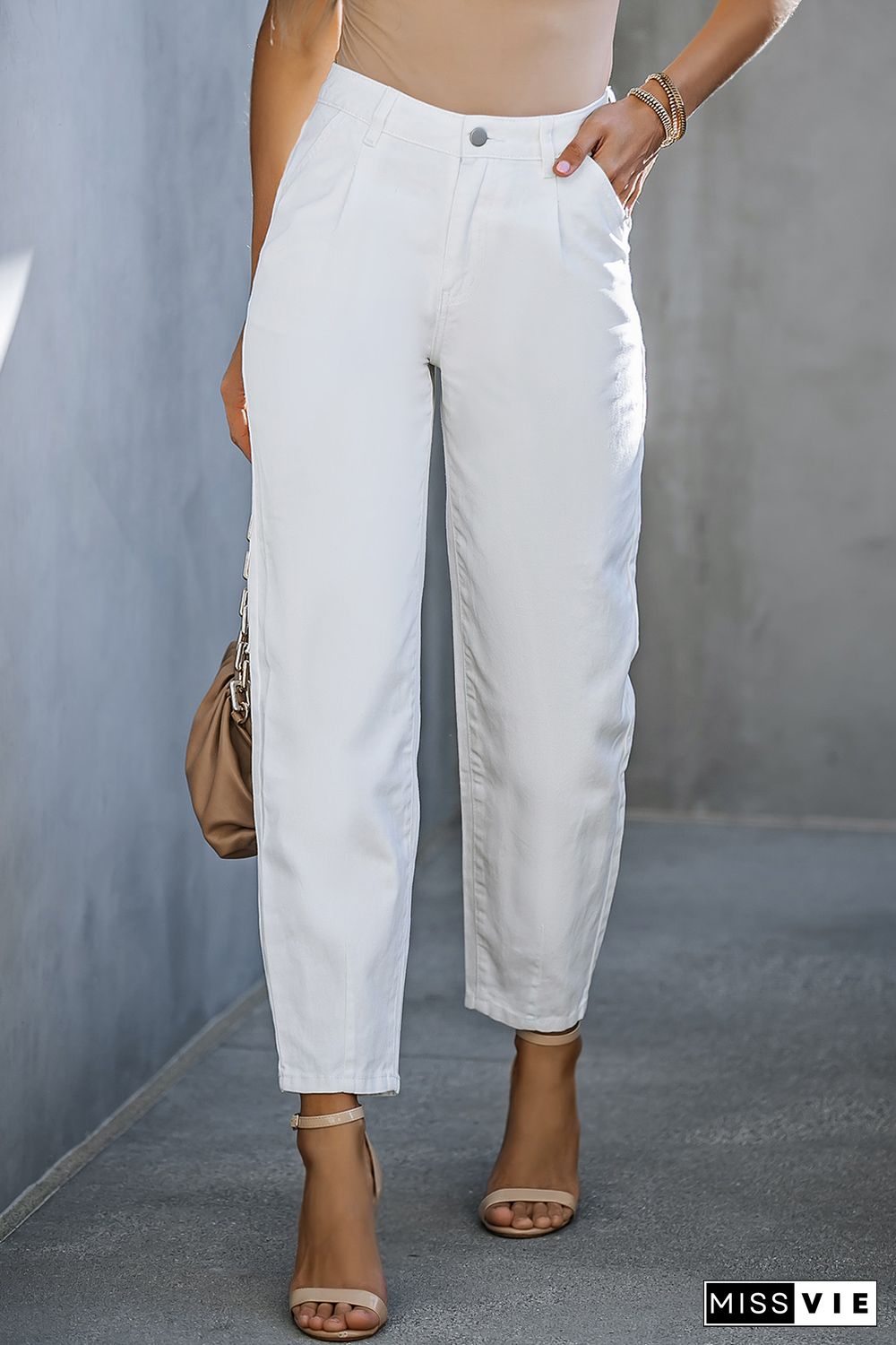 White Solid High Waist Casual Pants