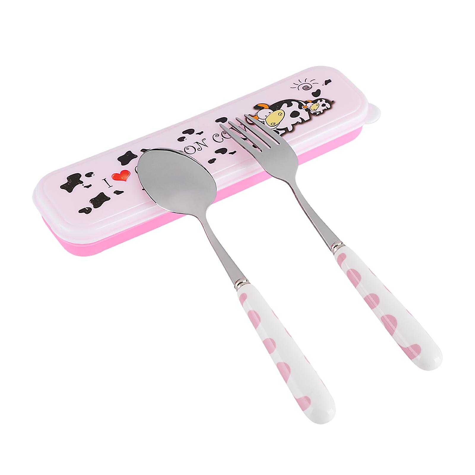 2 Pcs Stainless Steel Knife Fork Spoon Kitchen Flatware Tableware With Box Children Set Pink