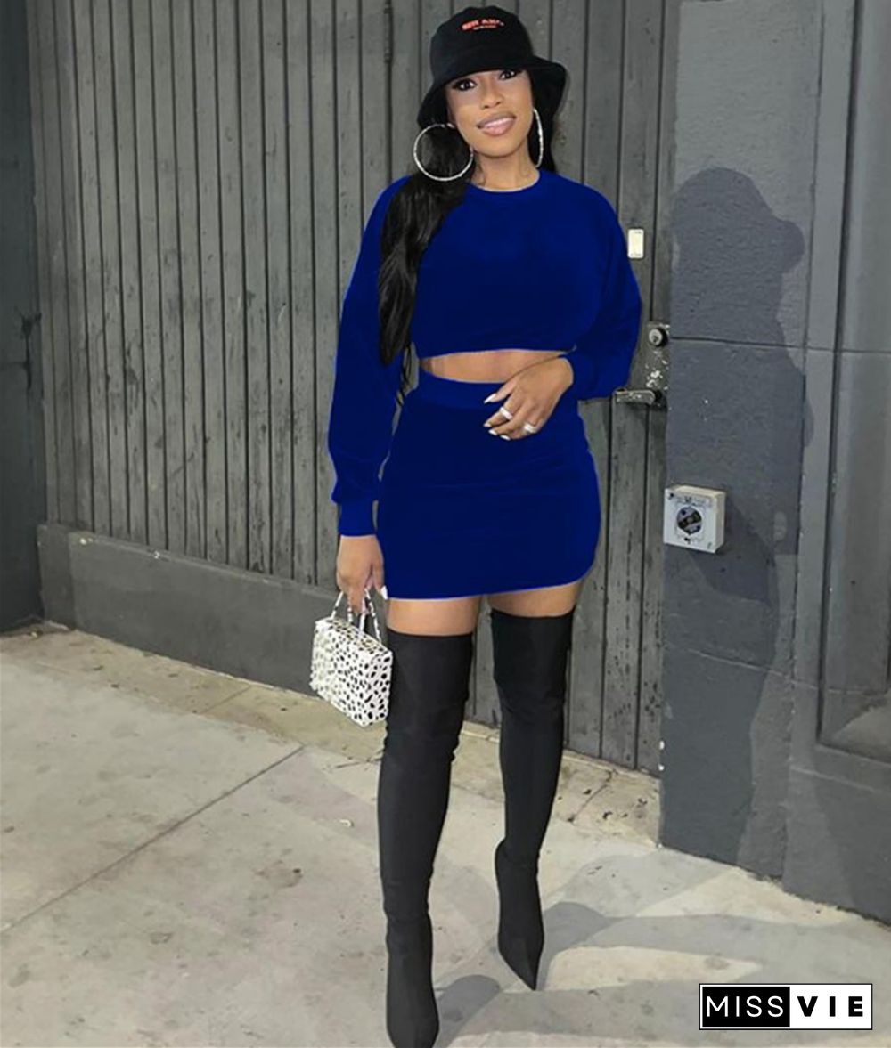 Solid Velvet Long Sleeve Crop Top Mini Skirts Set