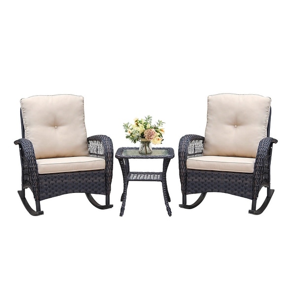 3 Pieces Outdoor Wicker Conversation Set with Glass Top Side Table