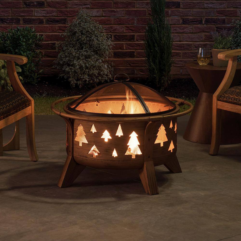 Sunjoy AmberCove 30 in. Outdoor Tree Motif Round Wood Burning Firepit A301027000