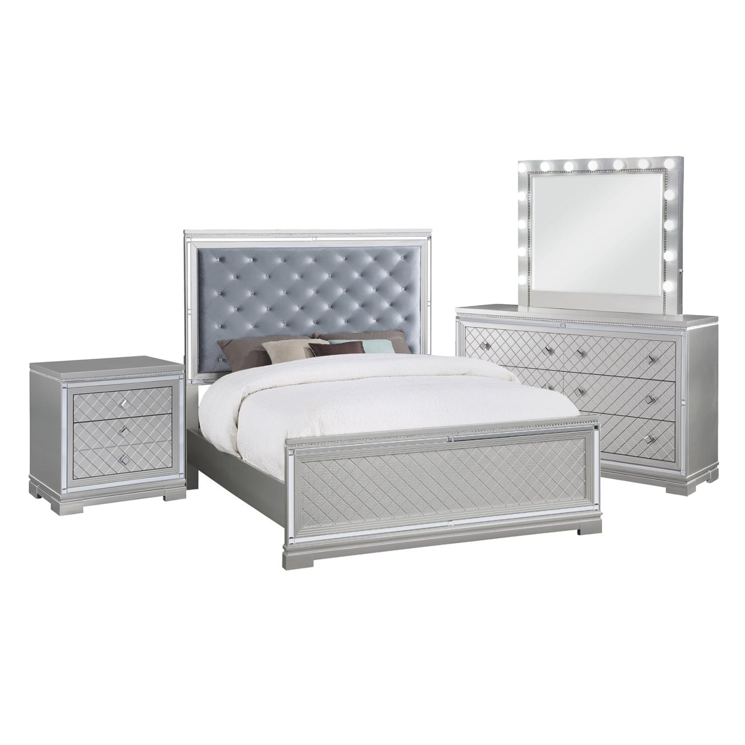 Upholstered California King Bedroom Set in Silver and Metallic Mercury - - 36135799