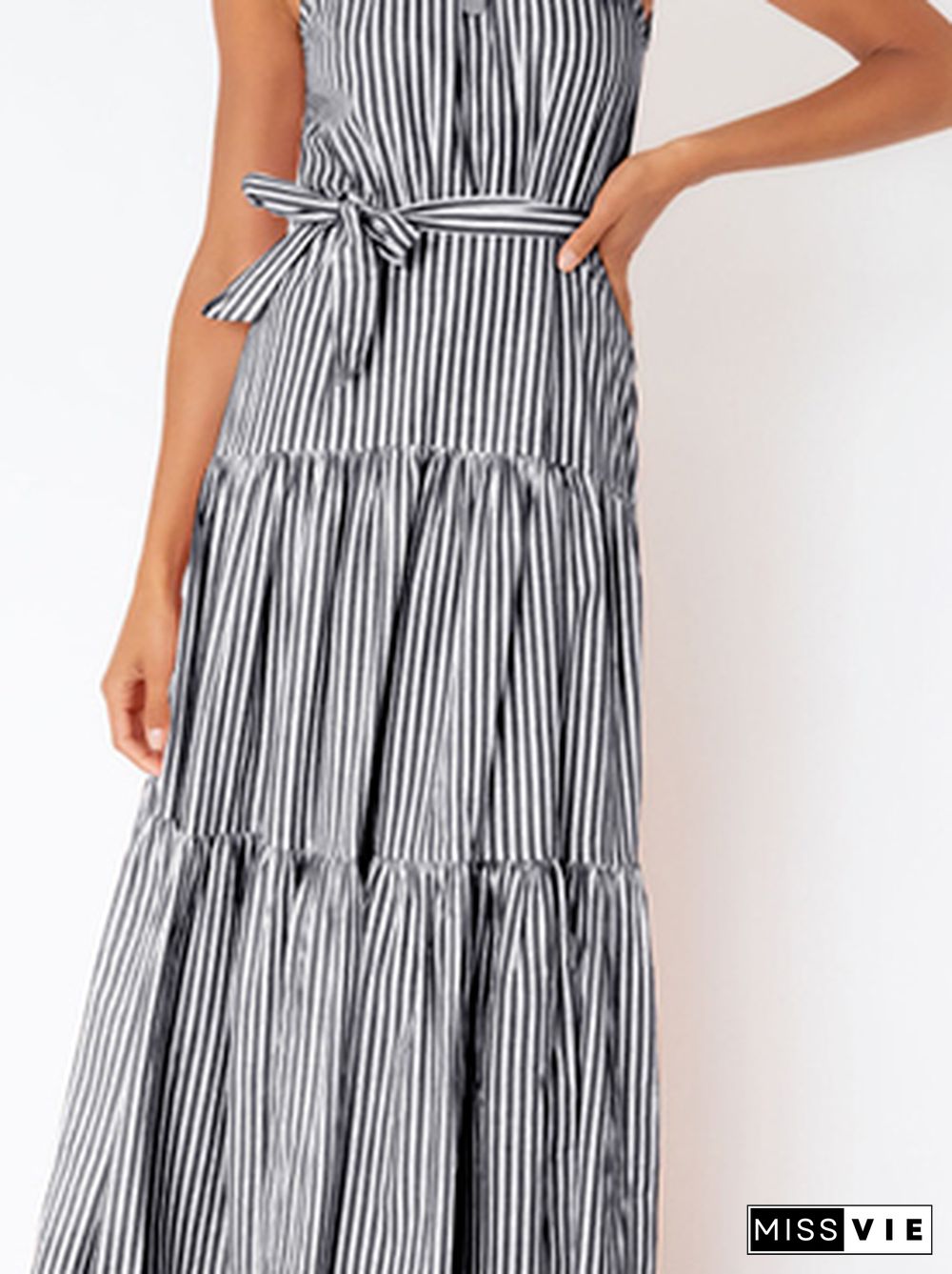 Halter Striped Loosen Short sleeve Woven Dress