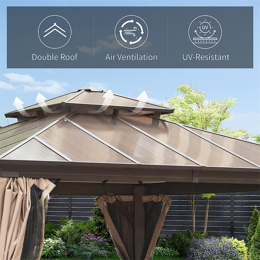 Brown 12 x 12 ft Hardtop Gazebo with Ventilated Polycarbonate Double Roof  Sturdy Aluminum Frame