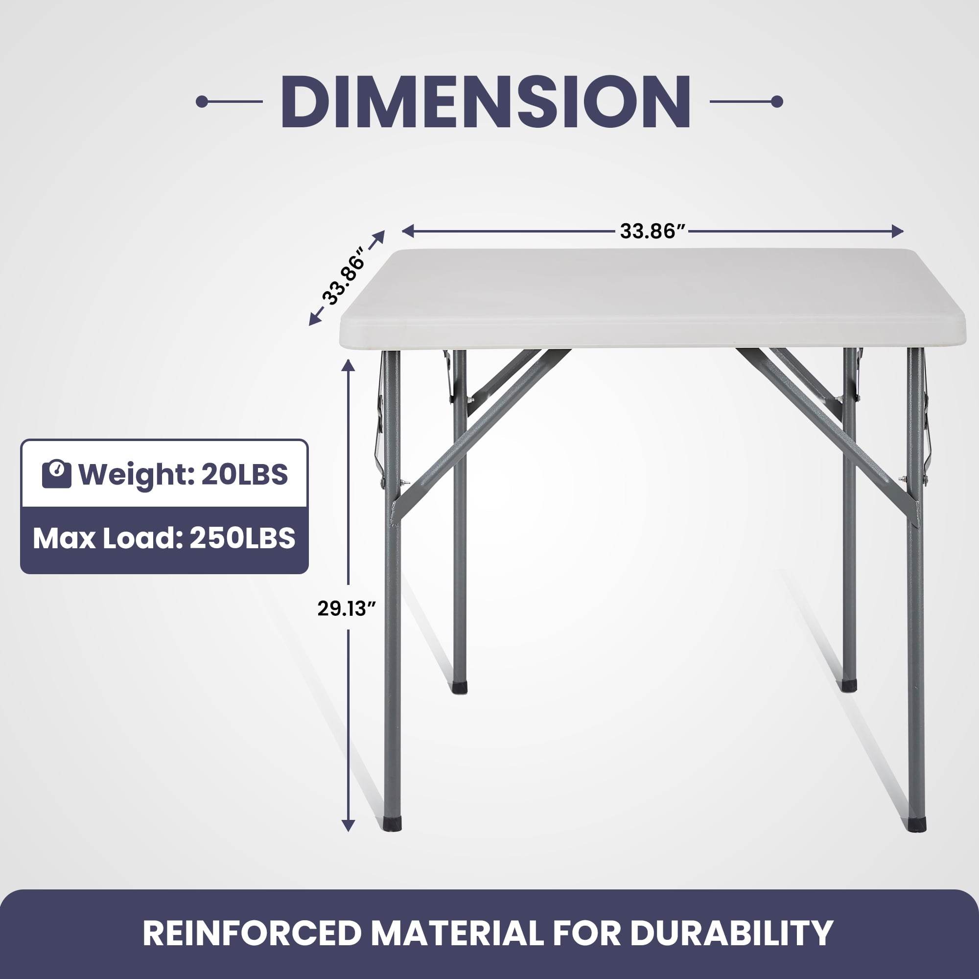 Folding Table Resin Square Folding Card Table Multipurpose Foldable Table Plastic Table Collapsible Square Fold Up Table for Indoor Kitchen Dining Room Outdoor Camping Picnic - White， 33.86 x 33.86 in