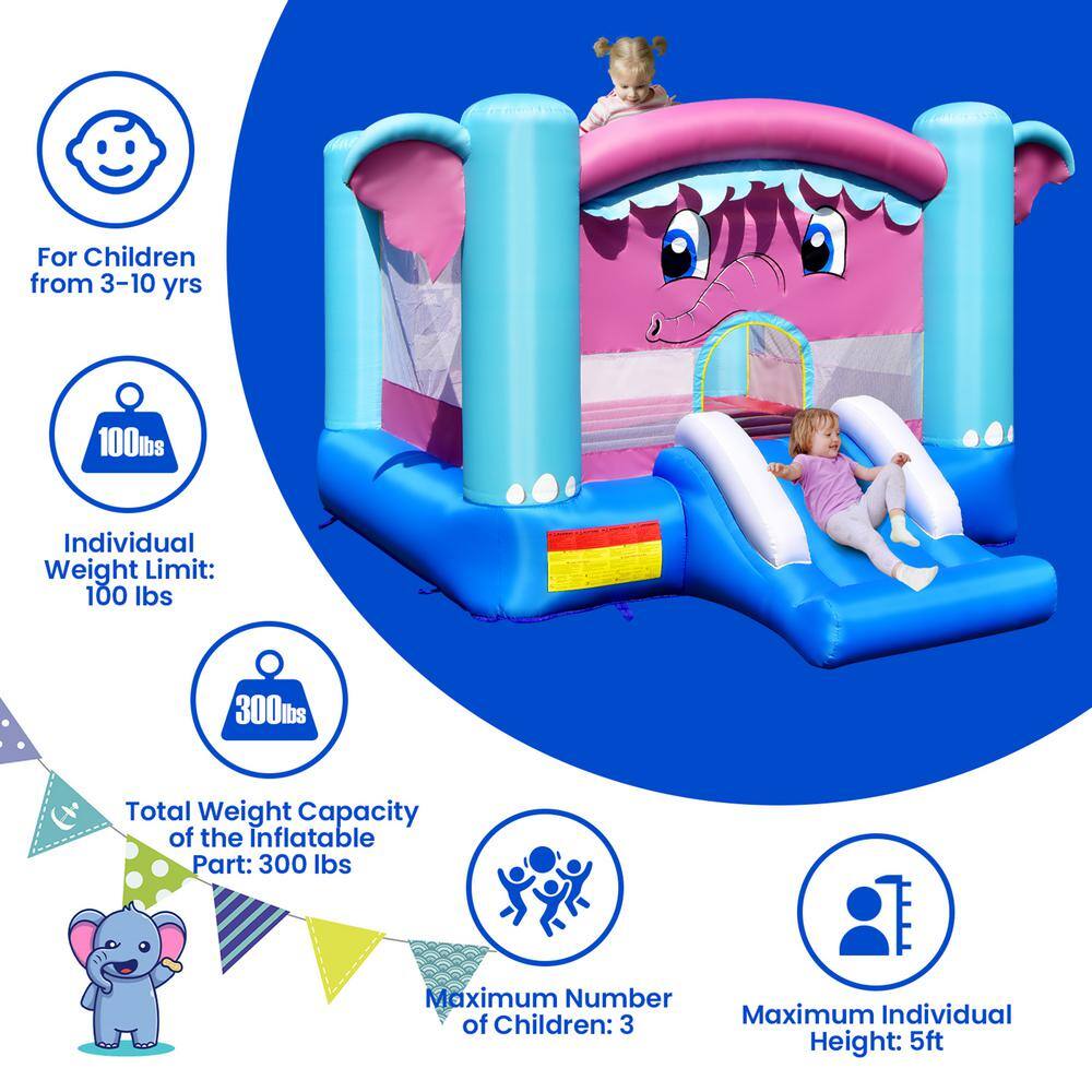 Gymax Inflatable Bounce House 3-in-1 Elephant Theme Inflatable Castle with 480-Watt Blower GYM09507