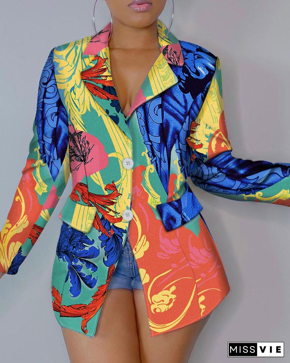 Floral Print Buttoned Pocket Decor Blazer Coat