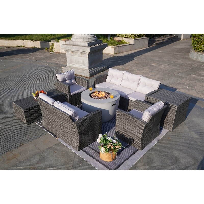 7 Piece Outdoor Wicker Conversation Sofa Set with Fire Pit