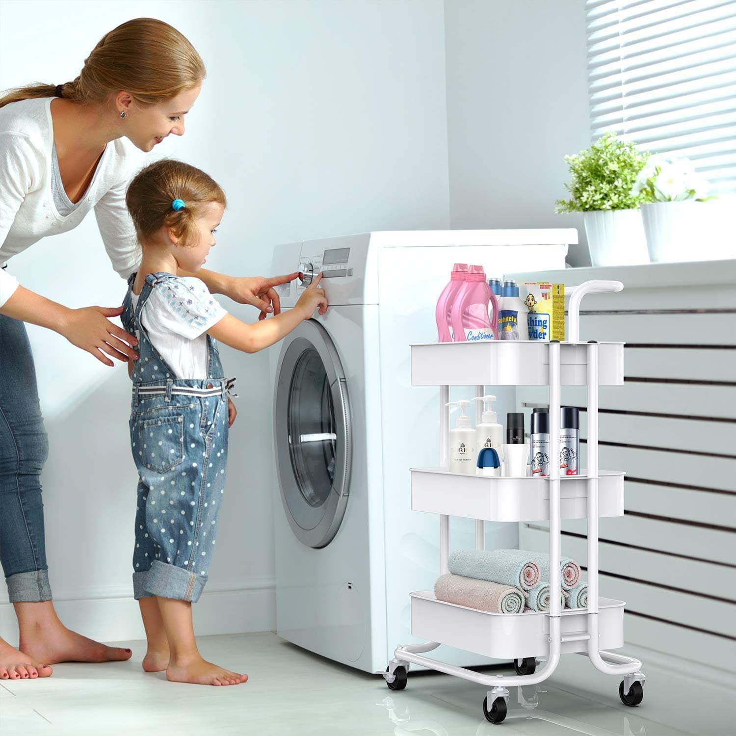 3-Tier Rolling Kitchen Cart， Home Kitchen Storage Utility Cart with Handle， Bathroom Organizer Cart on Wheels， White