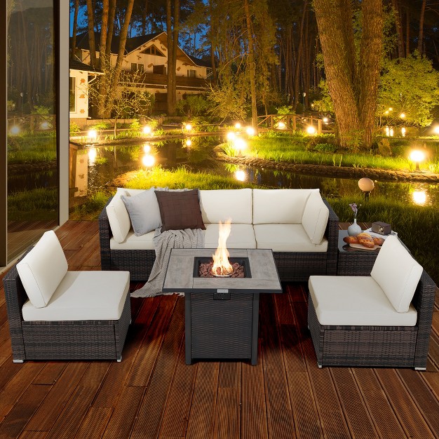 Costway 7pcs Patio Rattan Furniture Set 30 x27 x27 Fire Pit Table Cover Cushion Sofa Off White black navy red turquoise