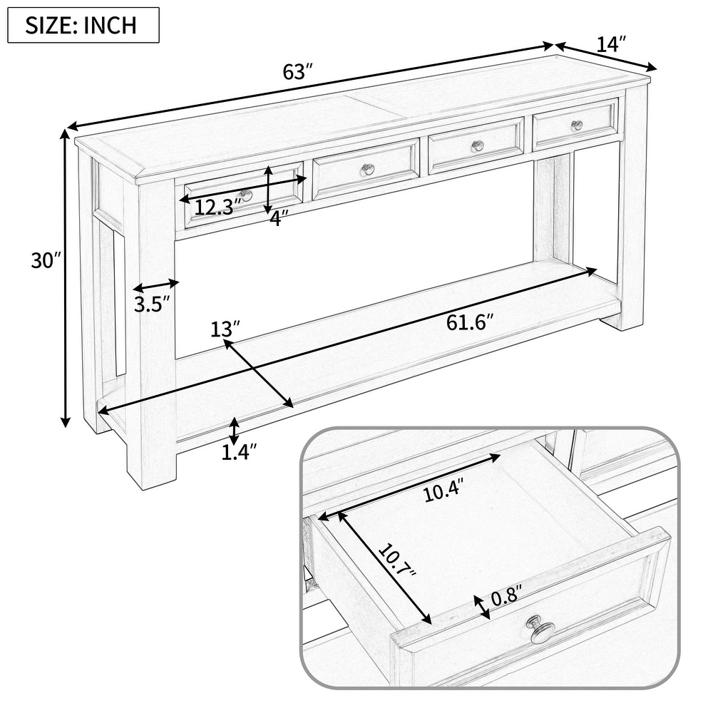 Classic Console Table with 4 Storage Drawers   a Open Bottom Shelf  Rustic Chic Sofa Table for Entryway Hallway   Living Room