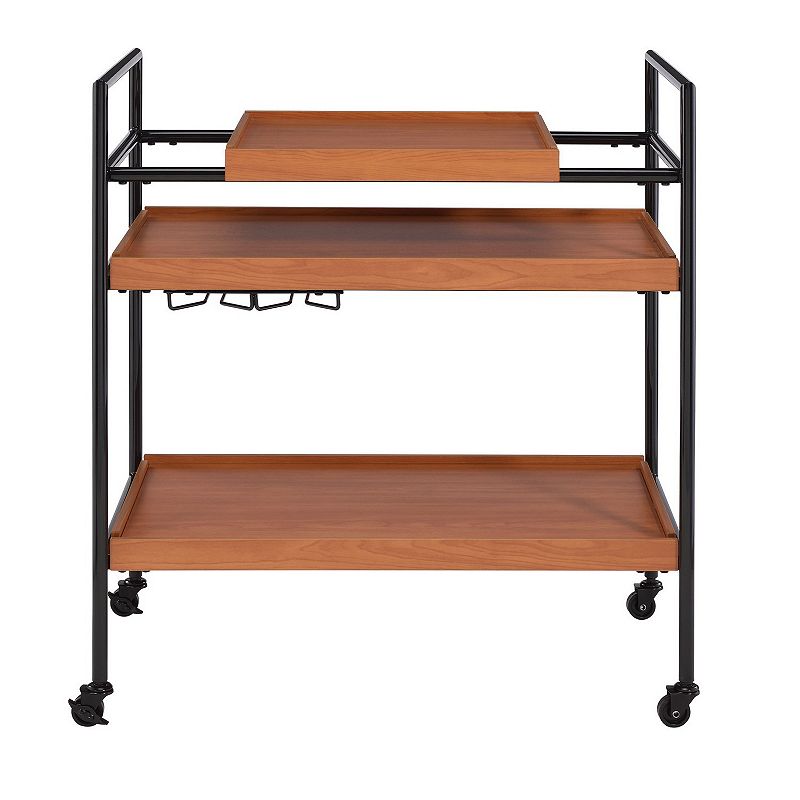 Metal Frame Serving Cart with Adjustable Compartments， Oak Brown and Black