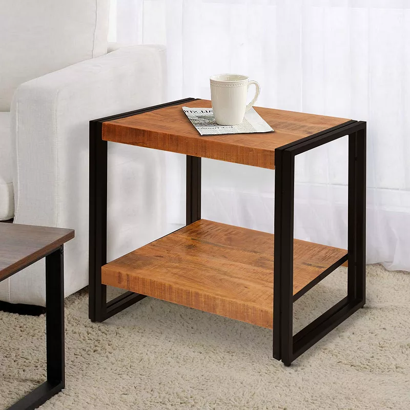 24 Inch Wooden Farmhouse Side Table with Open Compartment， Brown and Black