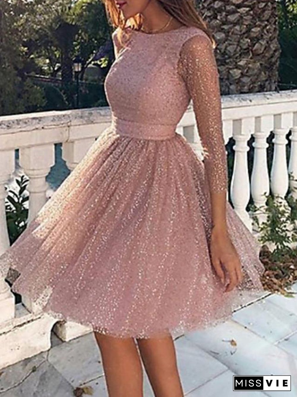 Women's Skater Short Mini Dress Long Sleeve Solid Colored Backless Glitter Clothing Fall Spring Hot Sexy Blushing Pink S M L XL XXL