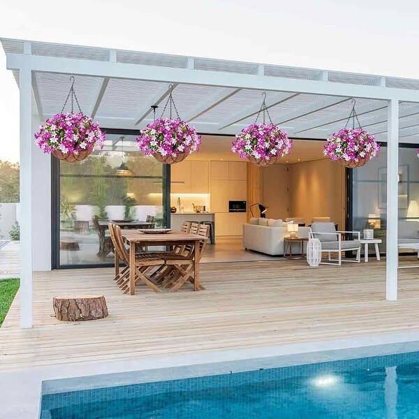 Artificial Silk Flowers Hanging Baskets Outdoors，Chrysanthemum with Eucalyptus Leaves in Metal Coconut Lining Flowerpot