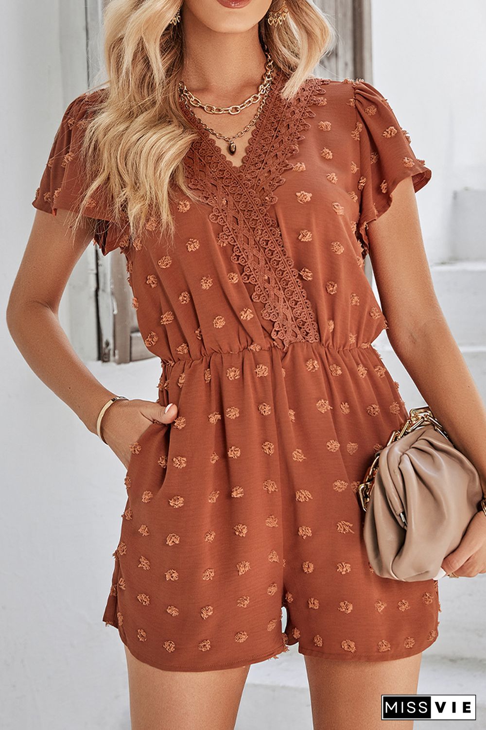 Texture Spot V Neck Crochet Lace Edge Rompers