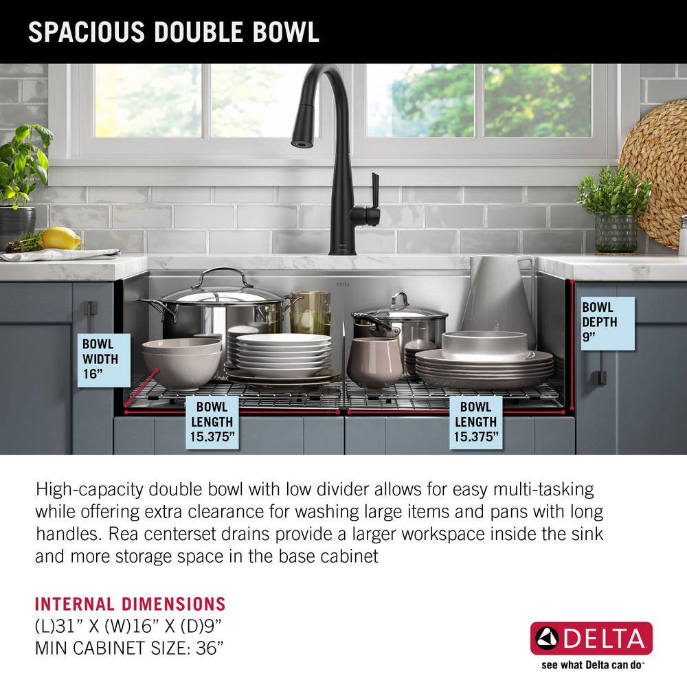 Delta Rivet Stainless Steel 16 Gauge 33 in. Double Bowl Undermount Workstation Kitchen Sink 95B931-33D-SS