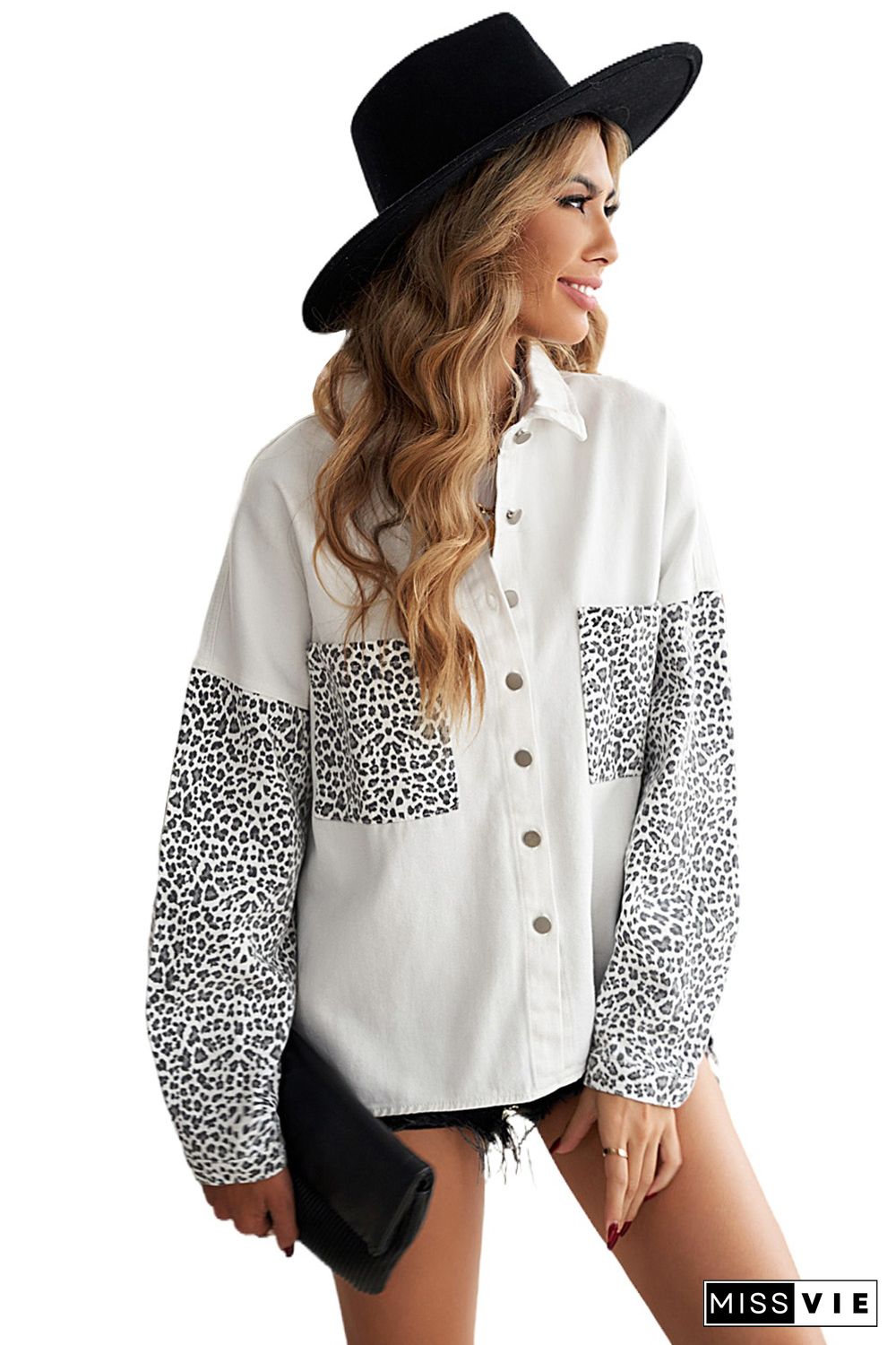 White Contrast Leopard Denim Jacket