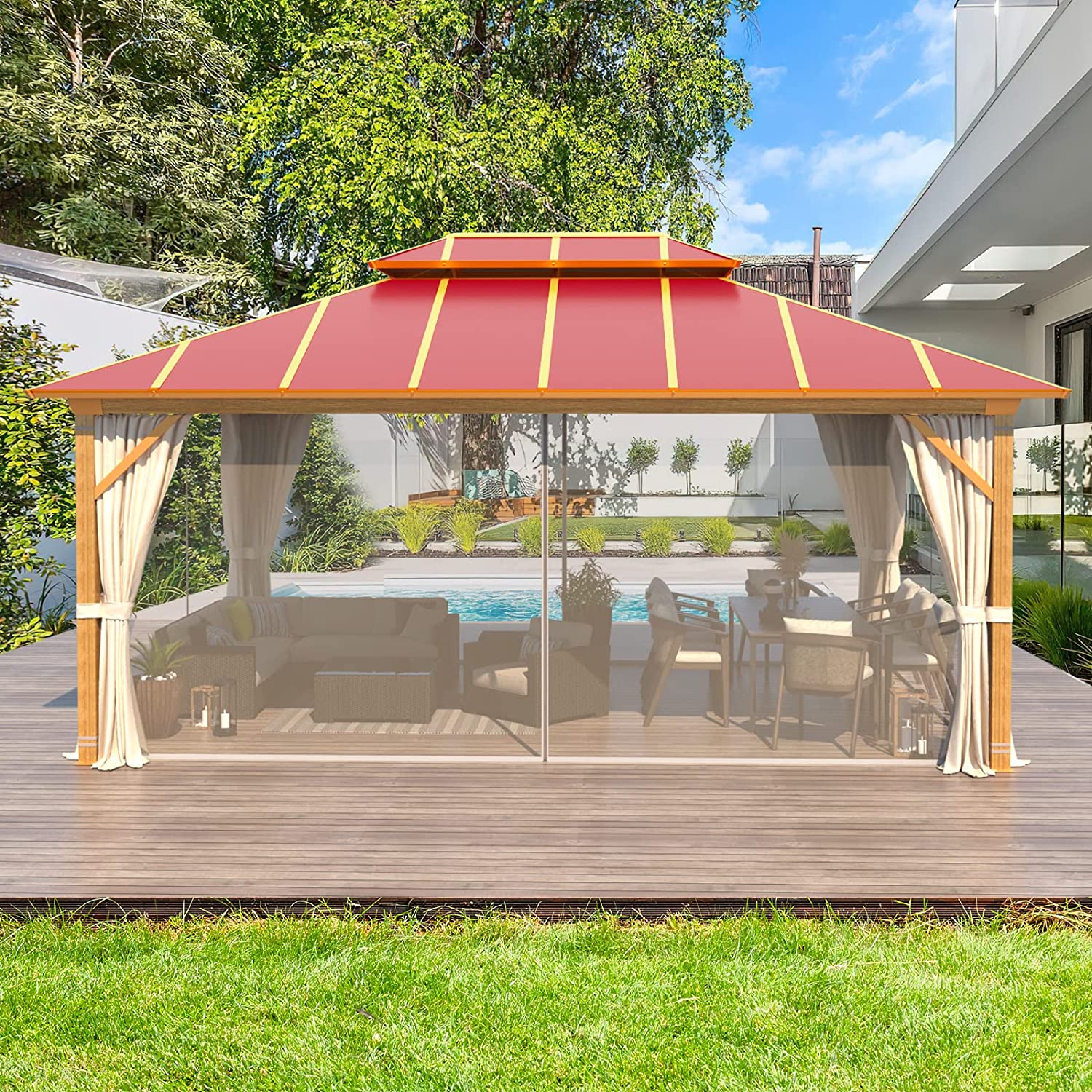 Mellcom 12' x 16' Aluminum Frame Outdoor Gazebo, Double Roof  Metal Gazebo for Patios, Gardens, Lawns, Parties, Claret