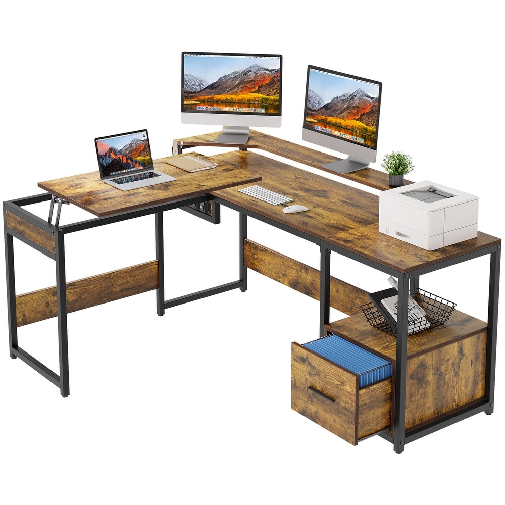 Moasis L Shaped Wood Computer Desk with File Drawer for Home Office