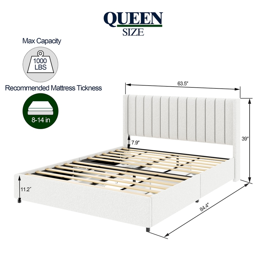 Queen Size Ivory Boucle Upholstered Platform Bed with 4 Storage Drawers  Tufted Headboard