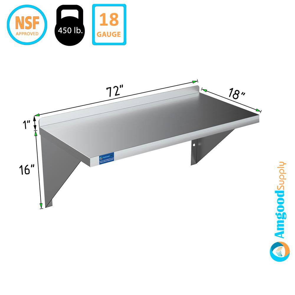 AMGOOD 18 in. W x 72 in. D Stainless Steel Wall Shelf Square Edge. Kitchen Restaurant Garage Laundry Decorative Wall Shelf AMG WS-SQ-1872