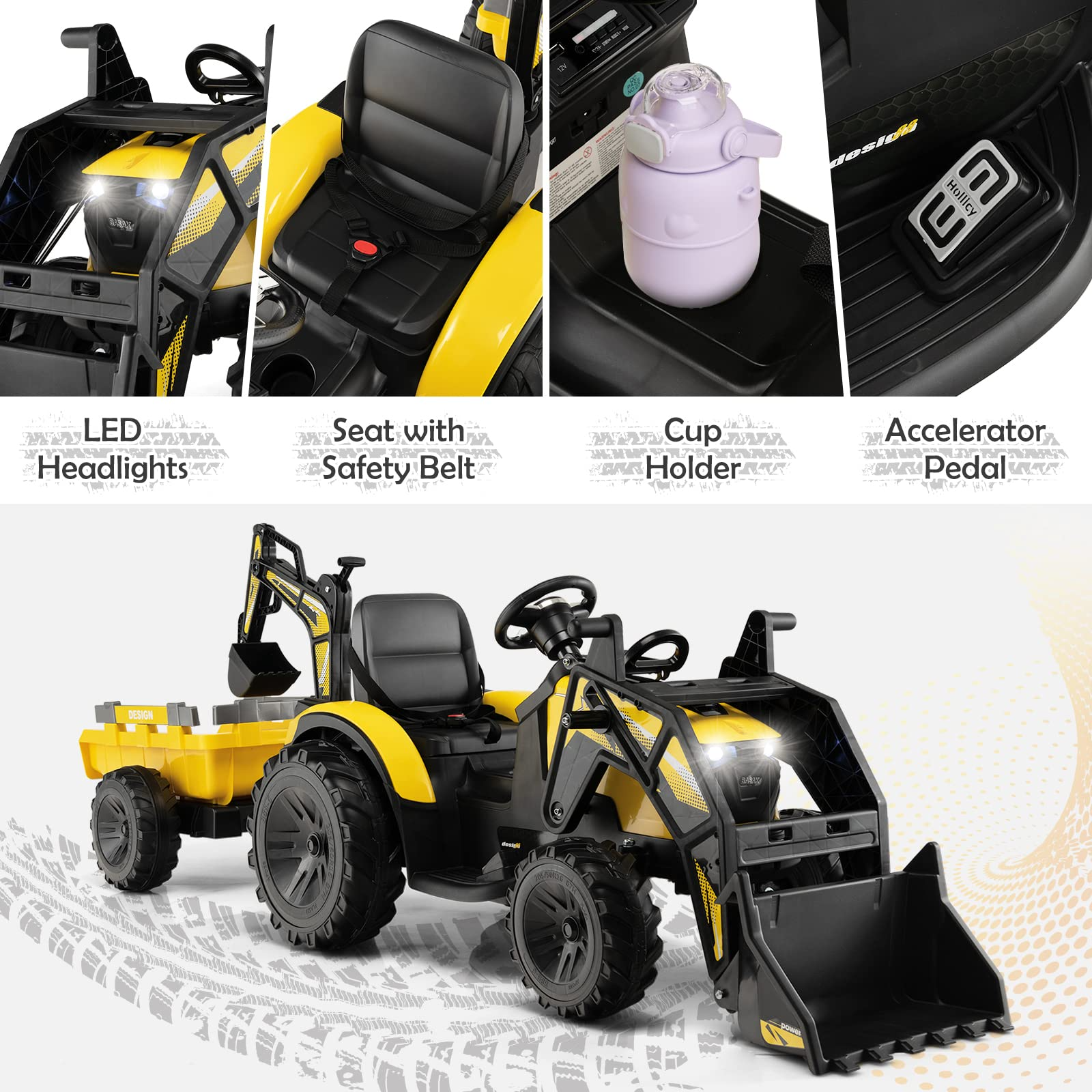 Costzon 3 in 1 Ride on Tractor, Excavator & Bulldozer, 12V Battery Powered Electric Vehicle w/ Trailer