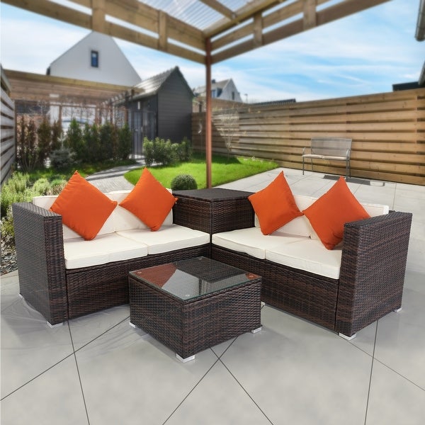 4 Piece Comfortable Outdoor Sofa Set with 1 Side Storage Table and 1 Coffee Table， Wicker Rattan Sofa Set with 4 Sofa Chair - Overstock - 37928641