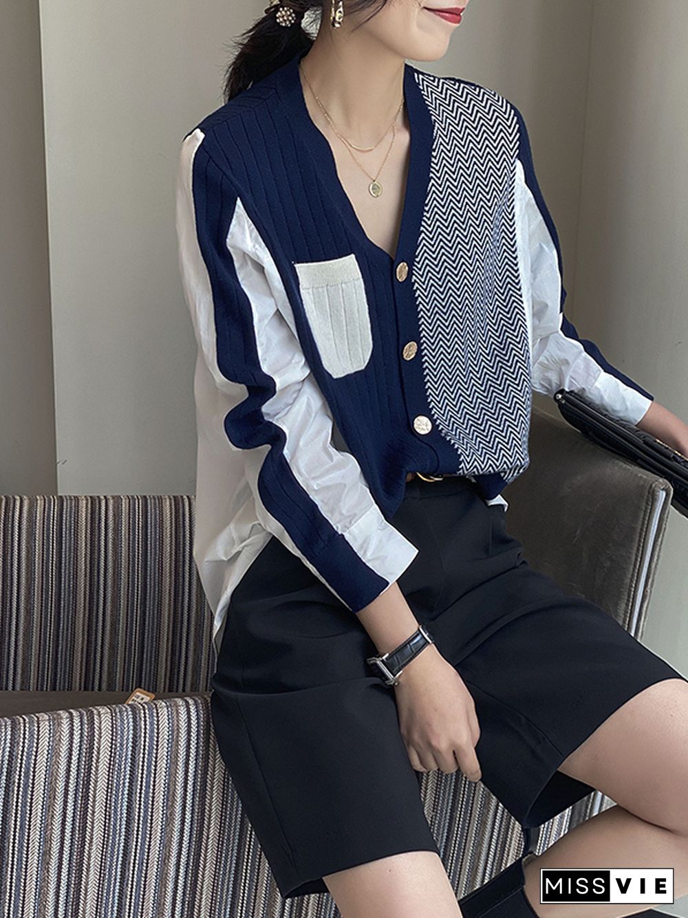 Urban Long Sleeves Contrast Color Split-Joint V-Neck Cardigan Tops