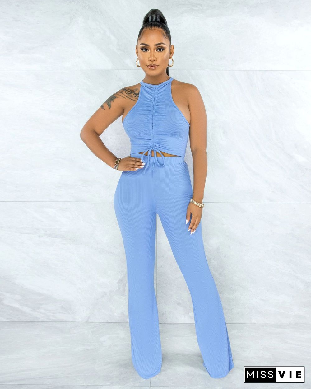 Solid Bandage Sleeveless Crop Top Flare Pants Set