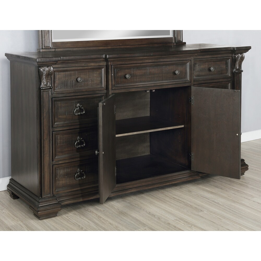 Roundhill Furniture Farson Distressed Dark Walnut Finish Wood Panel Bed  Dresser  Mirror  Two Nightstands