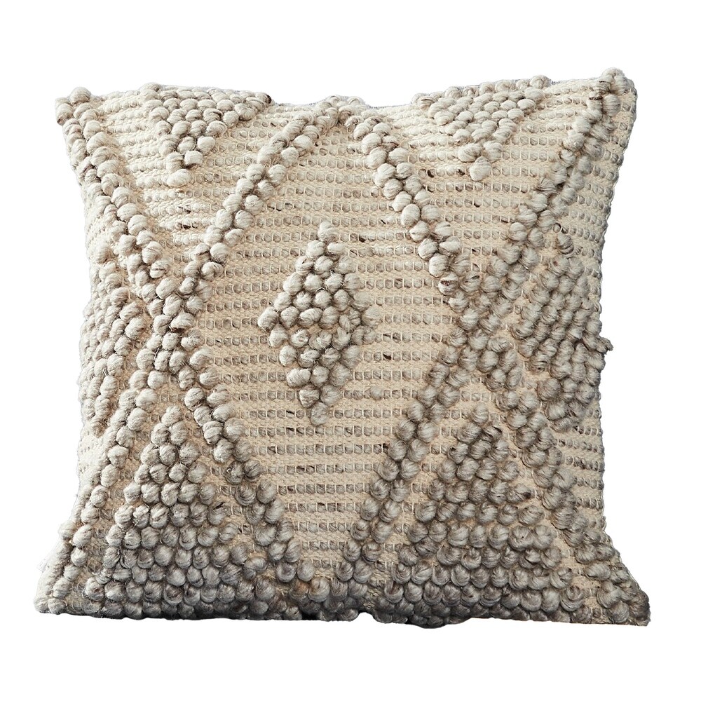 18 Inch Decorative Throw Pillow Cover  Beaded Diamond Pattern  Beige Fabric