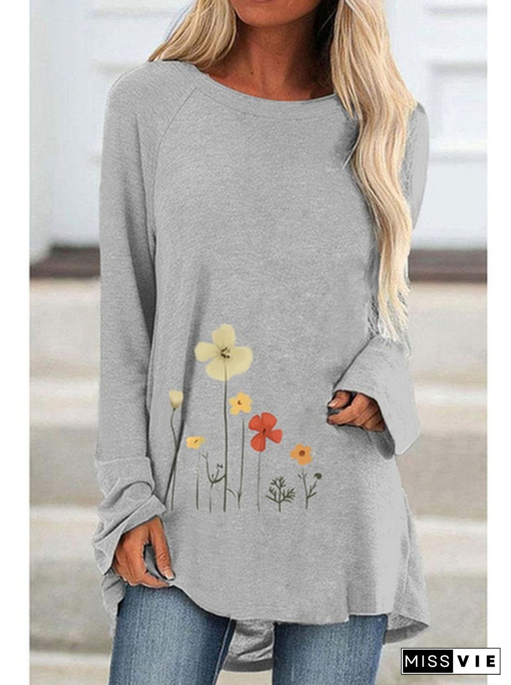 Spring and Autumn Plus Size Fashion Women Clothing Flowers Printed Casual T-shirt Ladies Long Sleeve Round Neck Pullover Tops