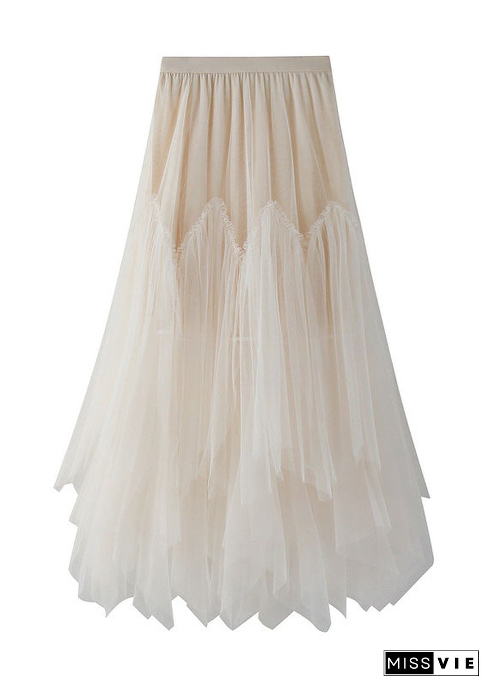 Apricot Asymmetrical Elastic Waist Tulle Pleated Skirt Summer