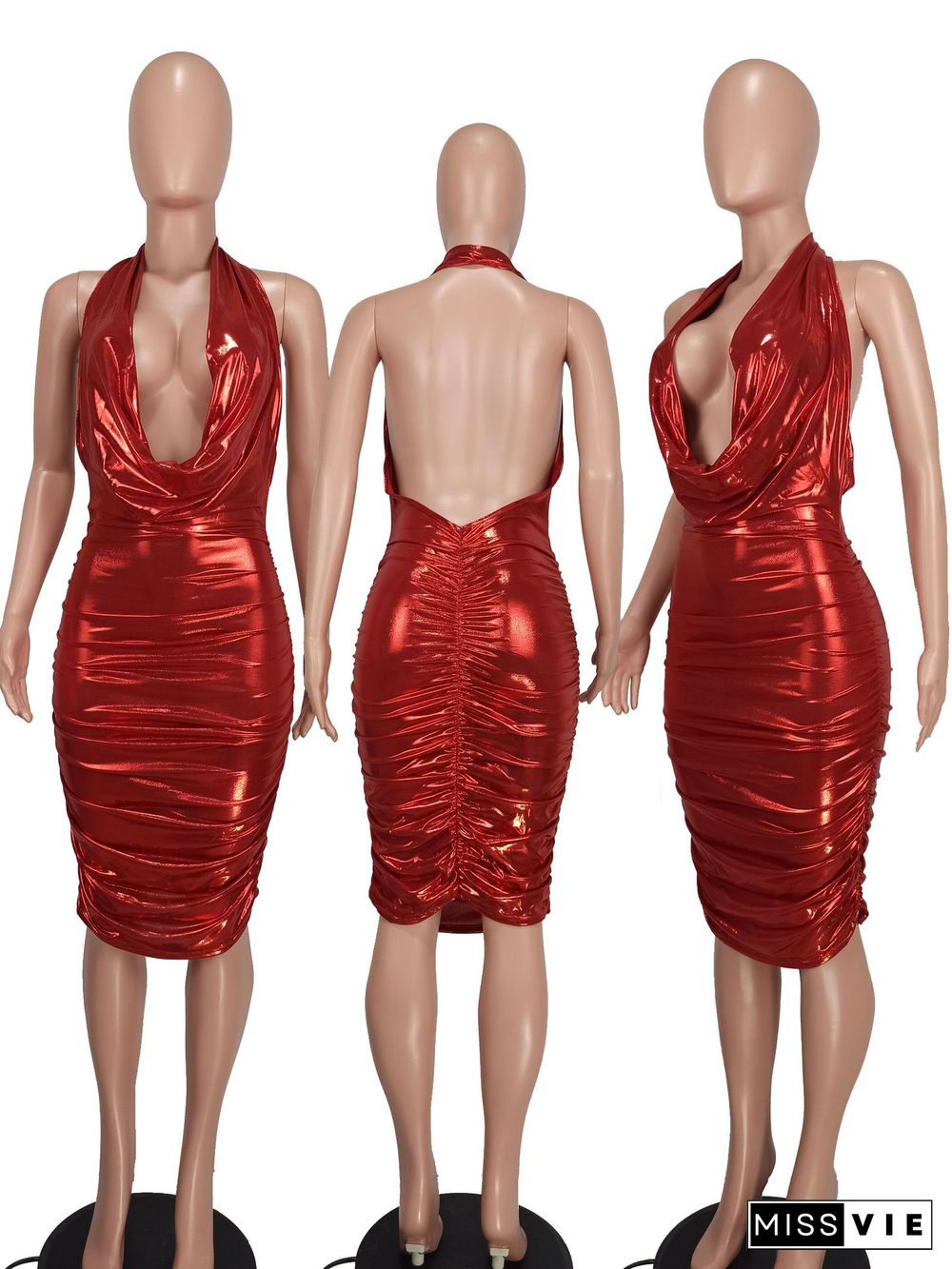 Low Cut Halter Backless Ruched Party Dresses