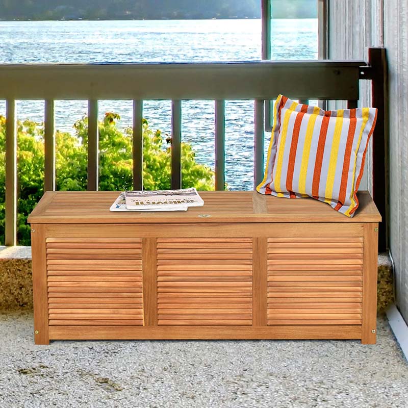 47 Gallon Acacia Wood Deck Box in Teak Oil, Large Outdoor Storage Box, Deck Storage Bench for Patio