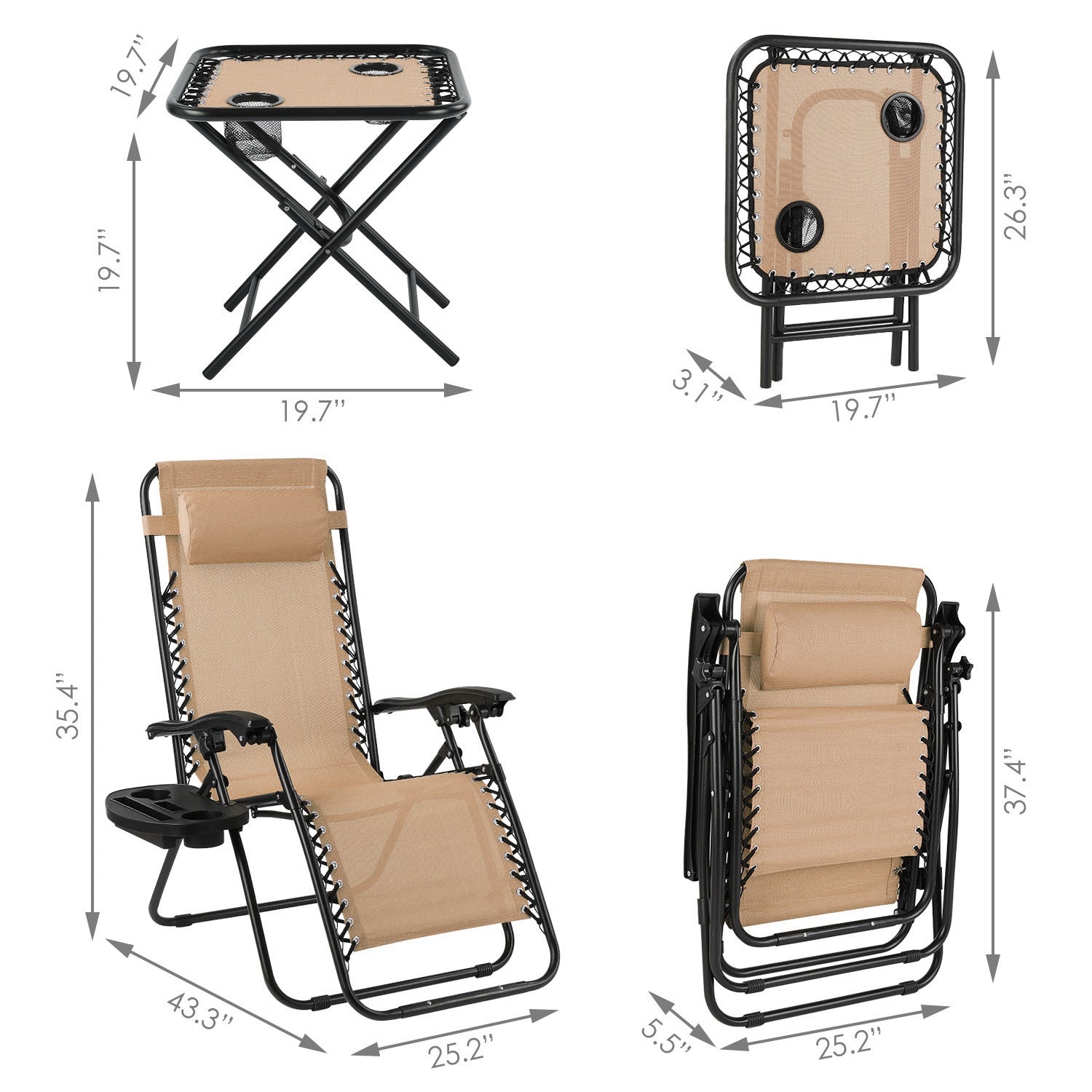 OKVAC Foldable Zero Gravity Chair Adjustable Outdoor Lounge Chair with Cup Holder Tray