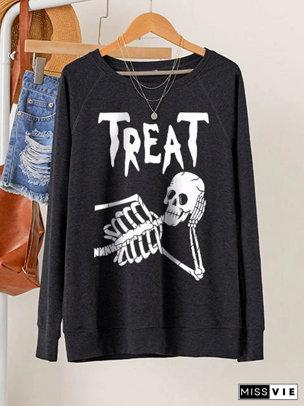 Halloween Skull Print Long Sleeve Sweatshirt