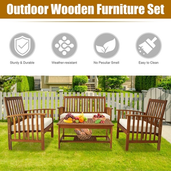 4 Piece Outdoor Patio Conversation Set with Soft Cushions and Coffee Table